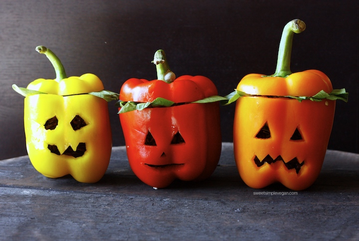 Halloween Black Rice Stuffed Jack-O-Lanters Bell Peppers