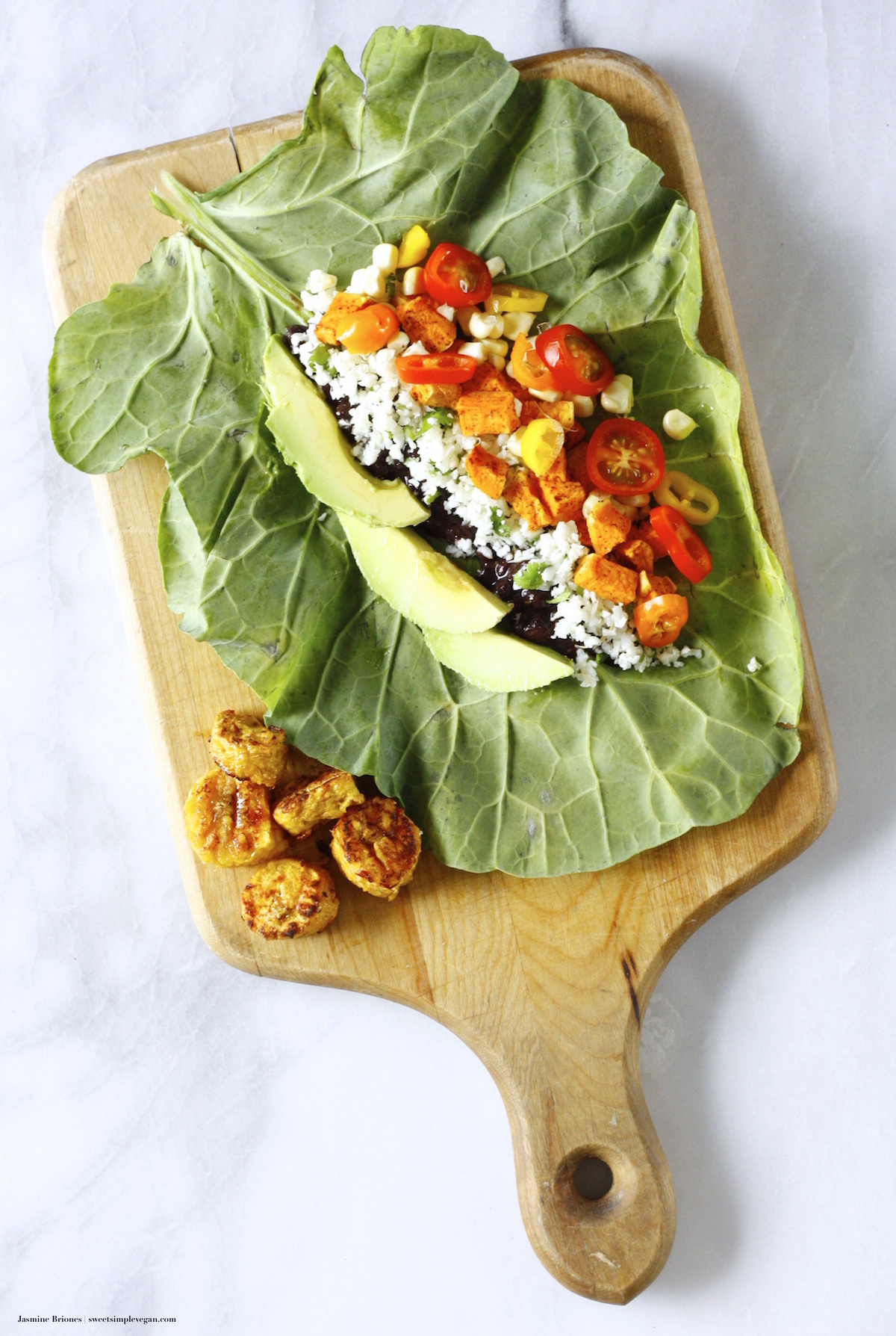 Collard Burritos w/ Chili Sweet Potatoes & Raw Cilantro Lime Cauliflower Rice + Baked Platanos Maduros (oil-free, low-fat)