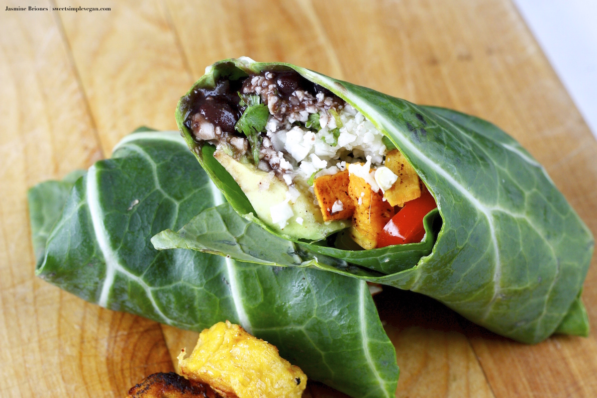 Collard Burritos w/ Chili Sweet Potatoes & Raw Cilantro Lime Cauliflower Rice + Baked Platanos Maduros (oil-free, low-fat)